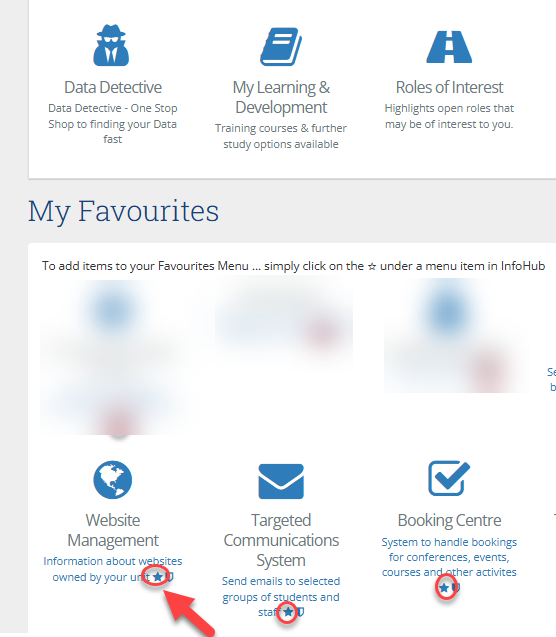 A screenshot of the InfoHub homepage showing My Favourites and a red circle around the icon to star them.